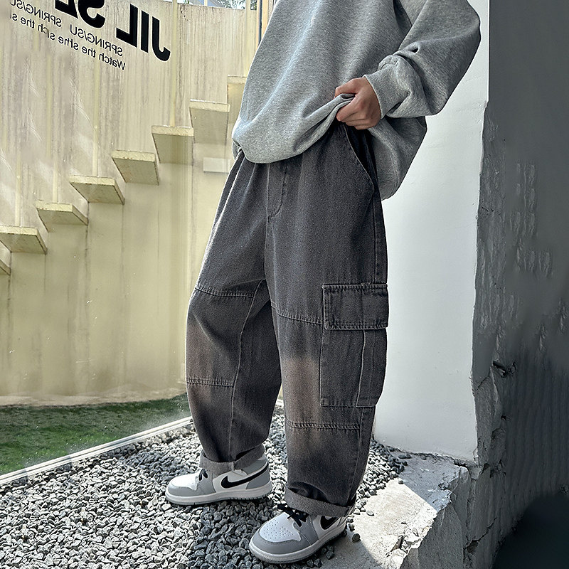 熊猫圆圆男童裤子春秋款2023新款儿童工装牛仔裤男孩秋季直筒长裤