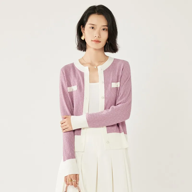 秋季新款女装海派小香风拼接羊毛针织开衫女高级感闪光丝毛衣外套