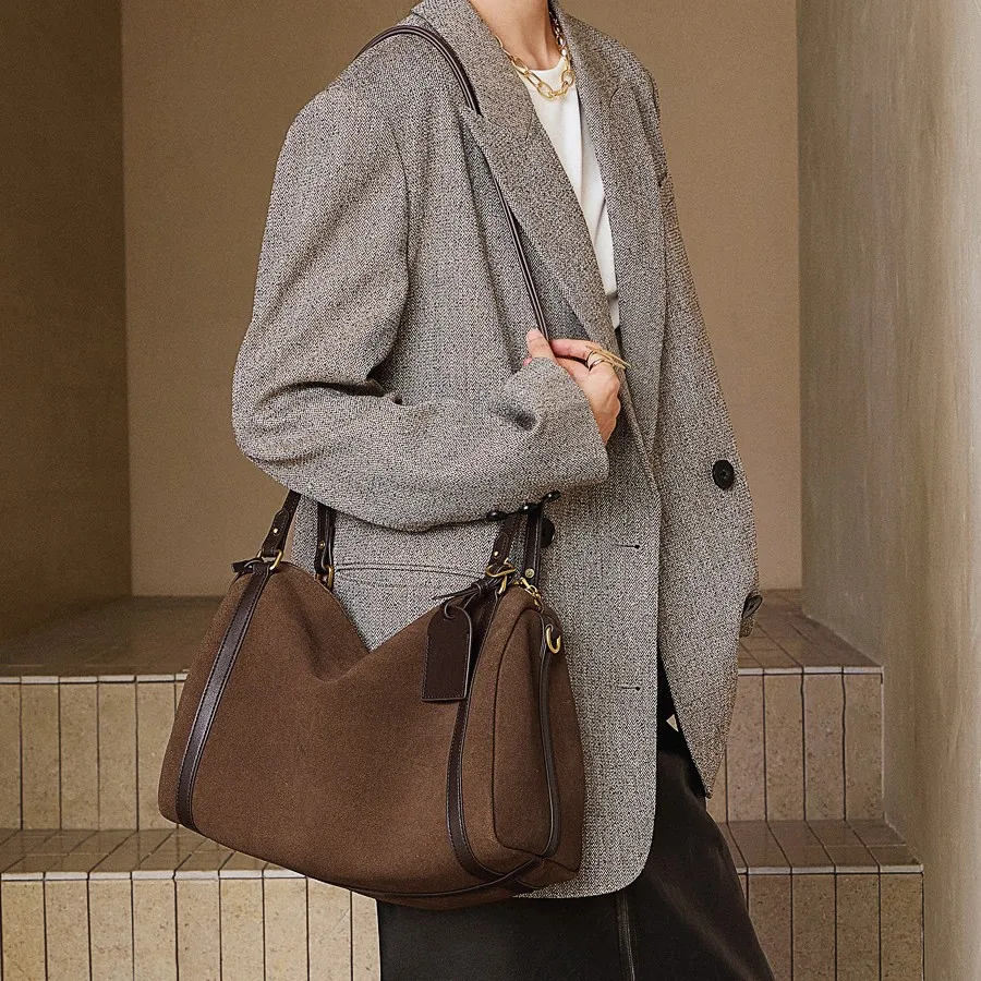 秋冬新款磨砂真皮通勤休闲单肩包鹿皮绒大容量托特腋下包