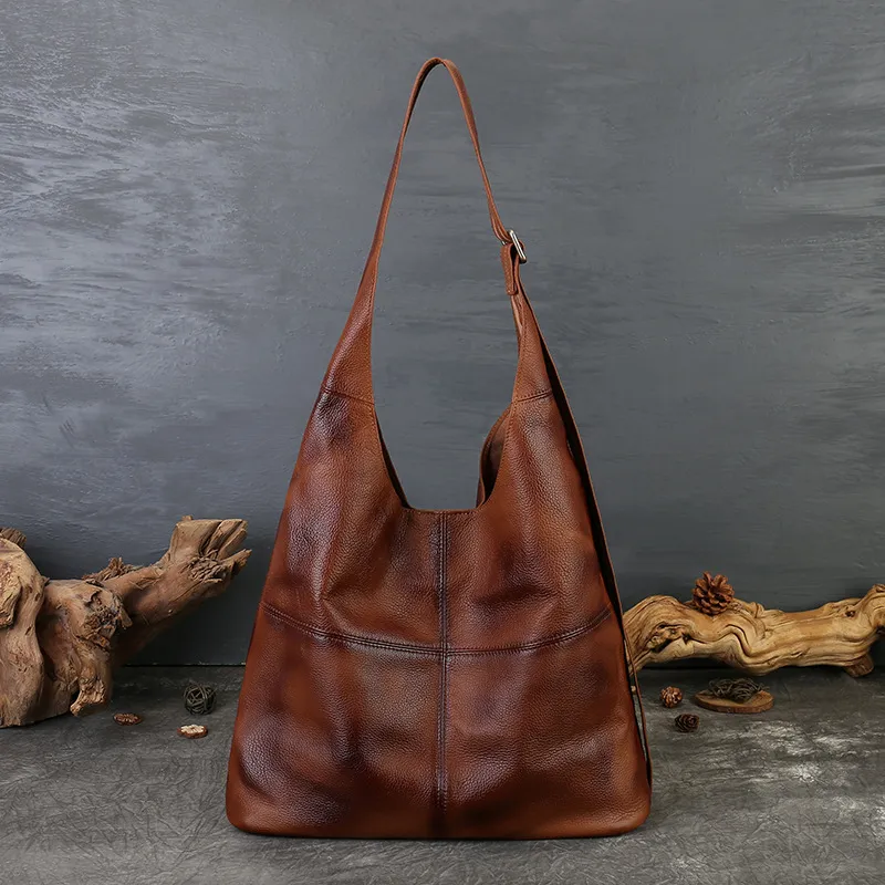 2025新款大容量真皮包托特腋下单肩包复古牛皮个性宽肩带斜挎包女