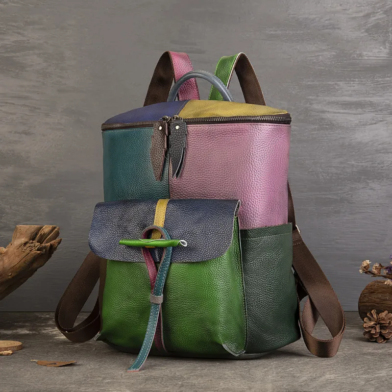 现货头层牛皮男女通用双肩包彩色拼接时尚个性背包大容量电脑包