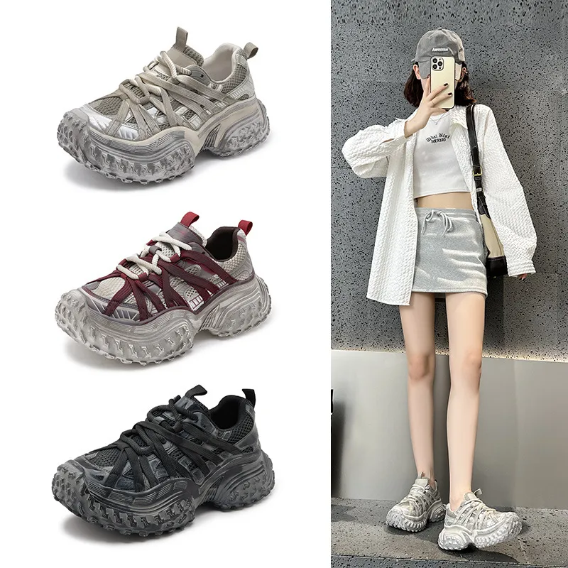 巴黎复古擦色做旧安可拉红老爹鞋女2025春厚底增高系带运动脏脏鞋