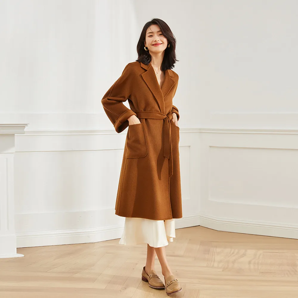 盛宏严选25秋冬新M家双面呢水波纹毛呢外套羊绒大衣女亚洲版7202A