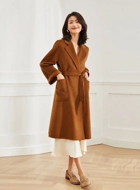 盛宏严选25秋冬新M家双面呢水波纹毛呢外套羊绒大衣女亚洲版7202A