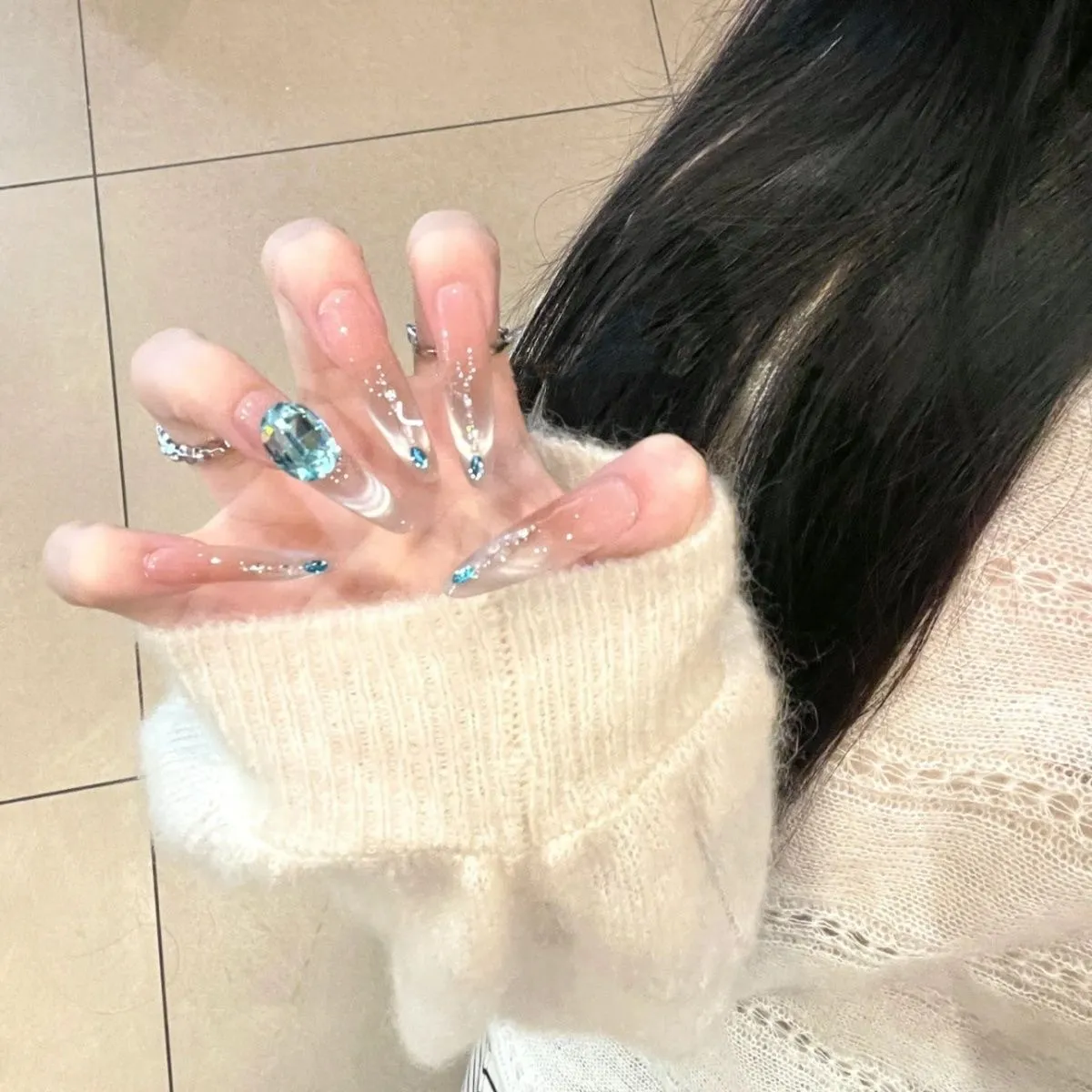 孔雀蓝眼泪纯手工爆闪美甲穿戴甲气质夏日法式氛围猫眼显白高级