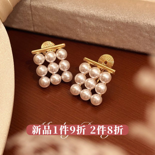 「偶遇西雅图」小众珍珠耳钉方形蚊香盘耳夹无耳洞耳环串珠耳饰女