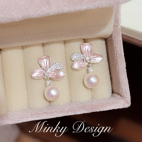 Minky「柔瓣轻垂」花朵珍珠耳钉蚊香盘耳夹无耳洞耳环耳饰女甜美