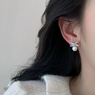 「心事」明星同款 蝴蝶结珍珠耳饰蚊香盘耳夹无耳洞女耳环银耳钉