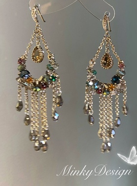 「吉光片羽」长款水晶流苏耳饰蚊香盘耳夹民族风夸张耳环耳钩气质