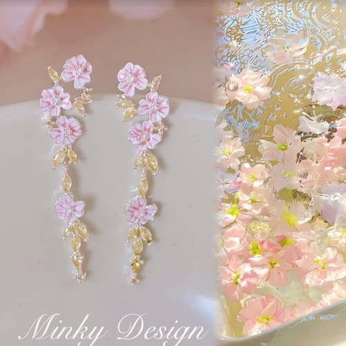 Minky「春樱漫枝」长款渐变花朵耳钉蚊香盘耳夹无耳洞耳环耳饰女