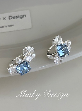 「冰蓝之恋」简约小众蓝色锆石耳饰蚊香盘耳夹无耳洞耳钉耳环独特