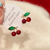 「sweet」可爱红色小樱桃耳饰蚊香盘耳夹无耳洞女耳钉银甜美耳环