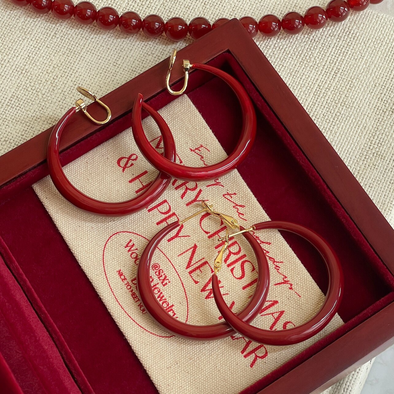 「安可拉红」复古圈圈红色耳饰蚊香盘耳夹耳钉耳圈气质大圈耳环女