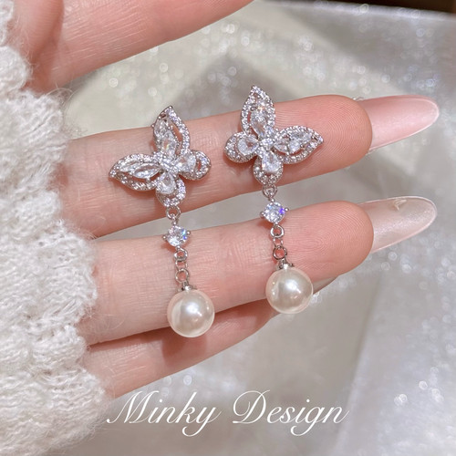 Minky「花漾珠泪」蝴蝶流苏耳饰珍珠耳钉蚊香盘耳夹无耳洞耳环女