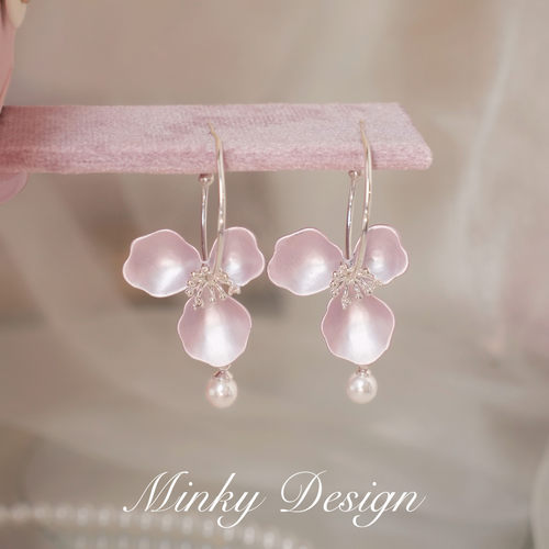 Minky「粉樱垂珠」温柔花朵大圈耳环蚊香盘耳夹无耳洞女耳钉耳饰