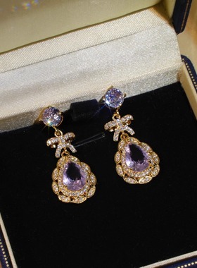 「紫色梦境」法式复古紫色耳饰蚊香盘耳夹无耳洞水滴耳坠轻奢耳环