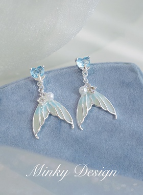 「人鱼姬」蓝色渐变鱼尾耳饰蚊香盘耳夹耳环耳钉轻奢海边耳坠气质