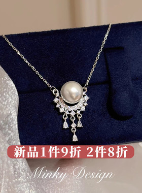 「月影」原创设计澳白珍珠项链耳环套装锁骨链蚊香盘耳夹无耳洞女