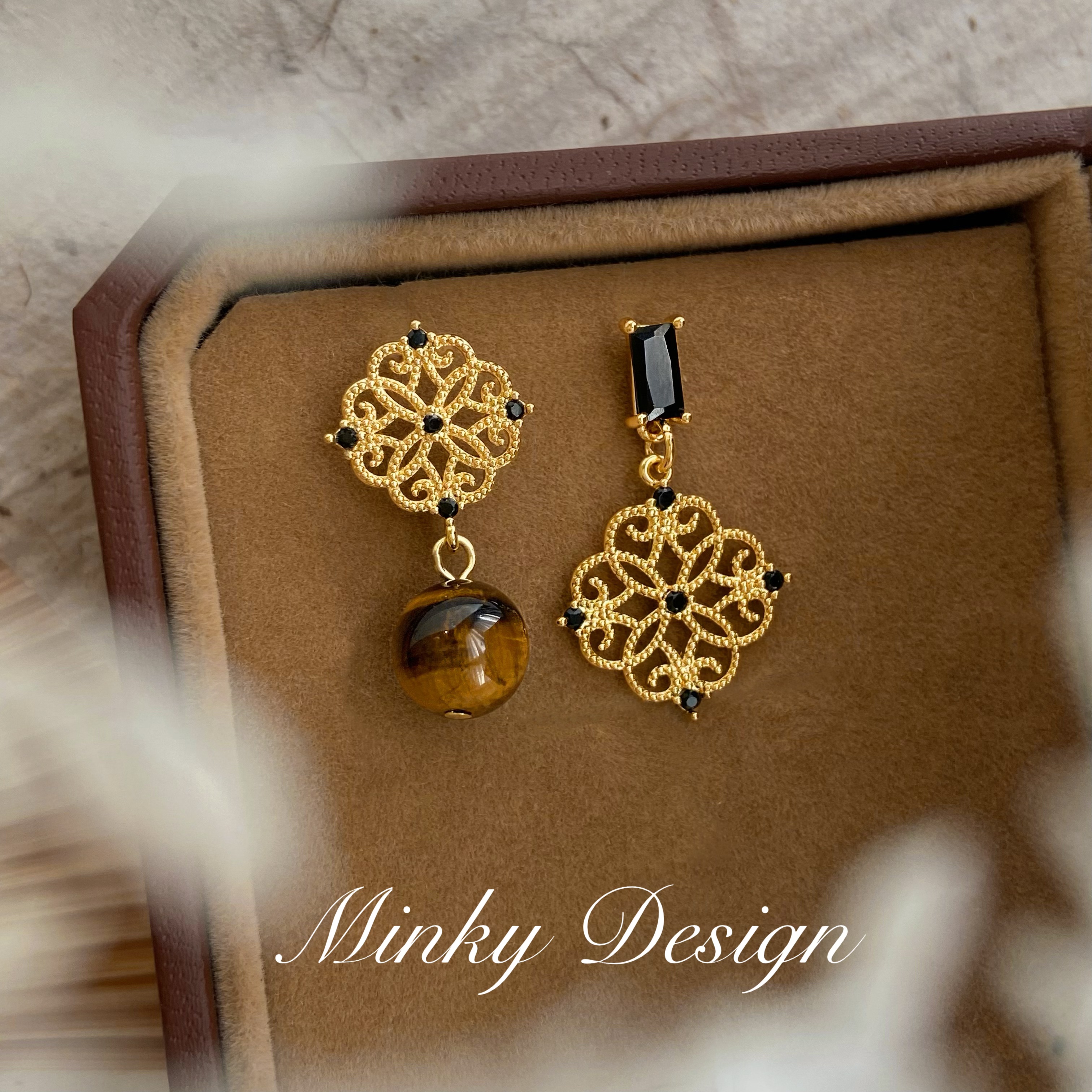 「一梦江南」窗花设计虎眼石耳钉蚊香盘耳夹无耳洞不对称耳环耳饰