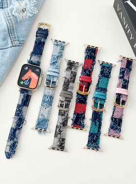 苹果apple watch11手表表带适用S9876543SEUltra秋冬毛丝格纹牛仔