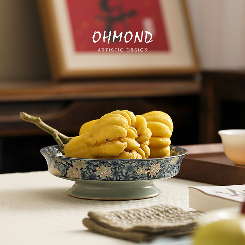 OHMOND | 仿古汝窑青花小高足茶点盘 中式复古零食果盘佛手瓜托盘