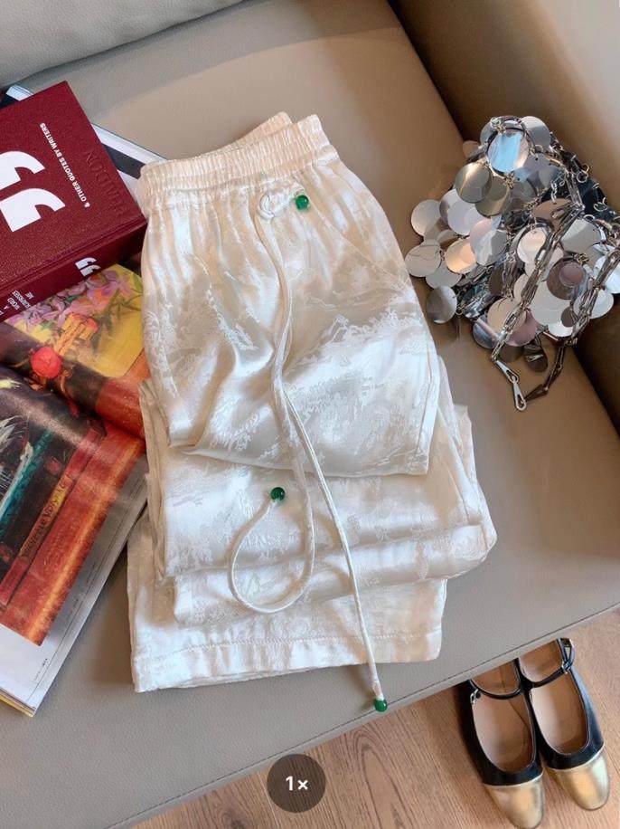 品牌新中式国风印花盘扣流苏缎面休闲裤子夏女高腰垂感显瘦阔腿裤