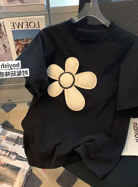 黑色立体花朵短袖t恤女夏季2025新款别致小众设计感正肩体恤上衣