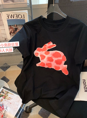 卡通黑色兔子印花短袖t恤女夏2025新款设计感小众休闲宽松上衣潮