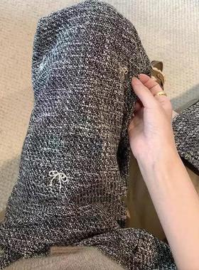 品牌小香风灰色编织刺绣高腰休闲裤女秋新款垂感慵懒风显瘦阔腿裤
