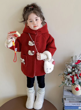 女童毛呢外套2025新款秋冬季猫咪红色儿童呢大衣拜年服女宝宝冬装
