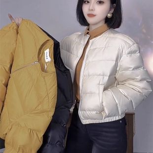 2026秋冬网红新款轻薄防寒棉服女减龄黄色显白显瘦圆领短款棉外套