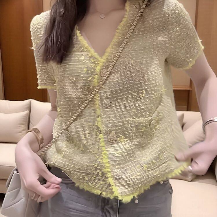 欧洲站2026夏季新款时髦洋气V领流苏短款小香风黄色短袖上衣女装