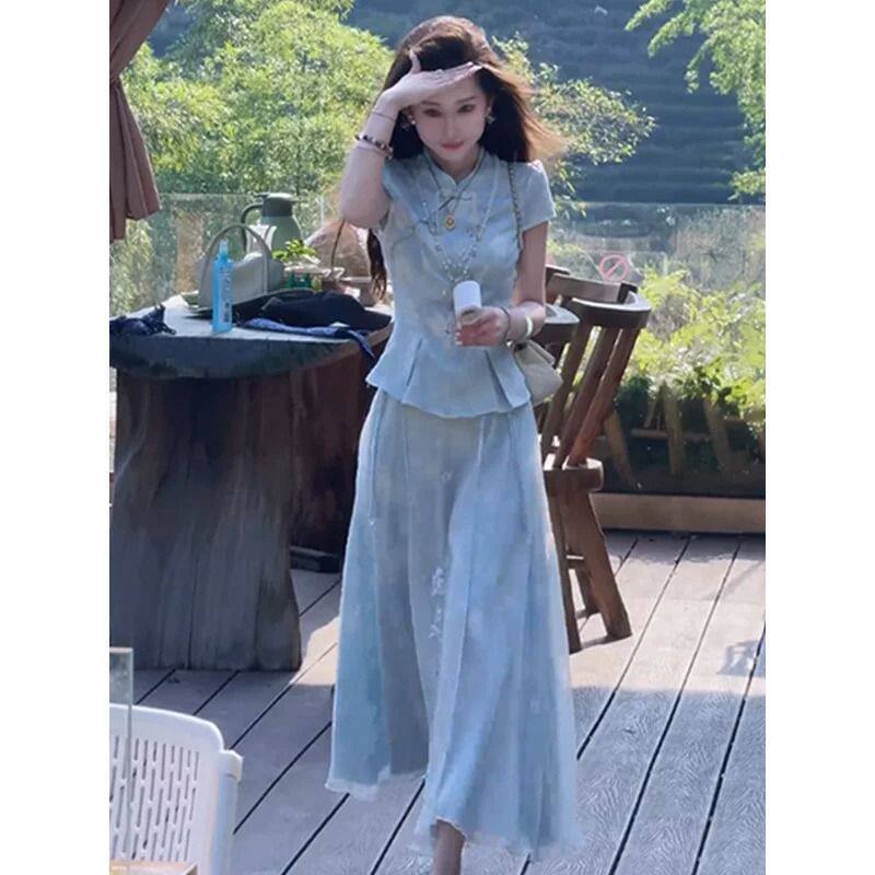 大码新中式国风浅蓝马面裙两件套女夏立领上衣高腰长裙显瘦温柔风