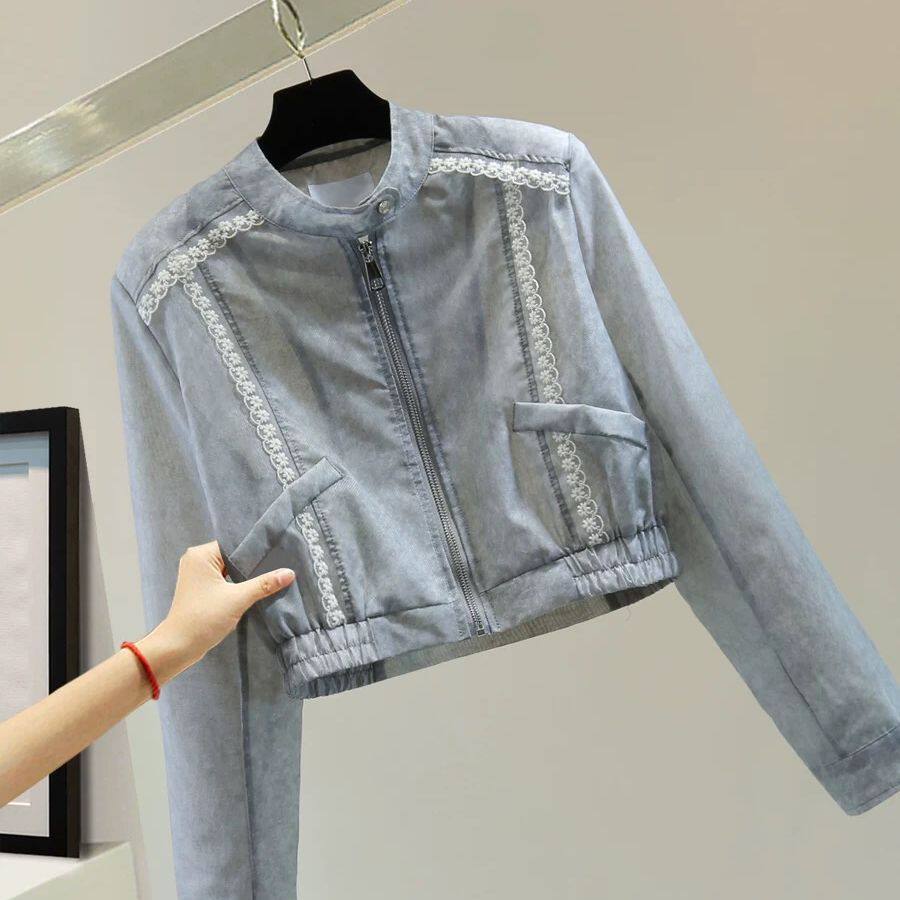 蕾丝花边立领长袖防晒衫2026春夏韩版显瘦高腰短款收腰拉链衬衫潮