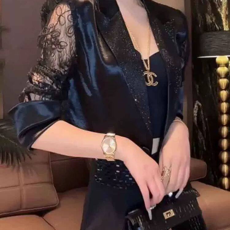法式御姐优雅时尚烫钻设计西装领长袖外套女2026夏季新款修身上衣