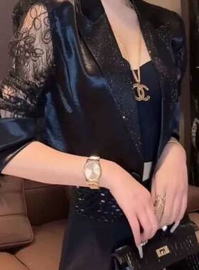 法式御姐优雅时尚烫钻设计西装领长袖外套女2026夏季新款修身上衣