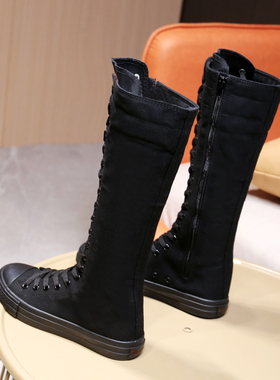 远步全黑色帆布鞋女韩版平底靴子侧拉链平底休闲鞋街拍瘦瘦靴欧美
