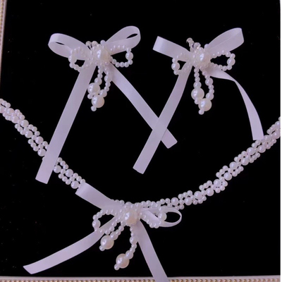 新款新娘头饰蝴蝶结珍珠项链耳环套装婚纱礼服配饰品结婚发夹