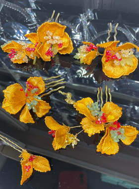 芸琪婚饰新娘结婚新中式晨袍汉服龙凤褂发钗化簪头饰叶色橙色