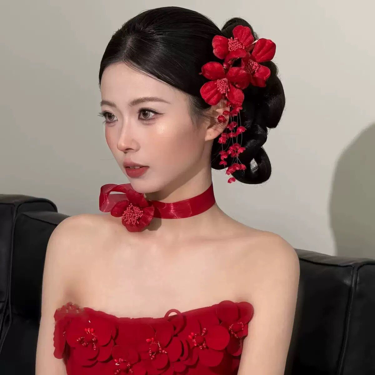 芸琪婚饰新娘头饰红色花朵造型旗袍新中式敬洒服配饰礼服晨袍发饰