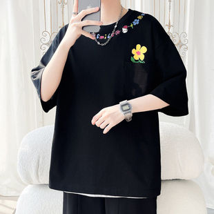 印花短袖 新款 旋律风车大码 5X宽松印花 T恤M 男装 2025青年大码 夏季