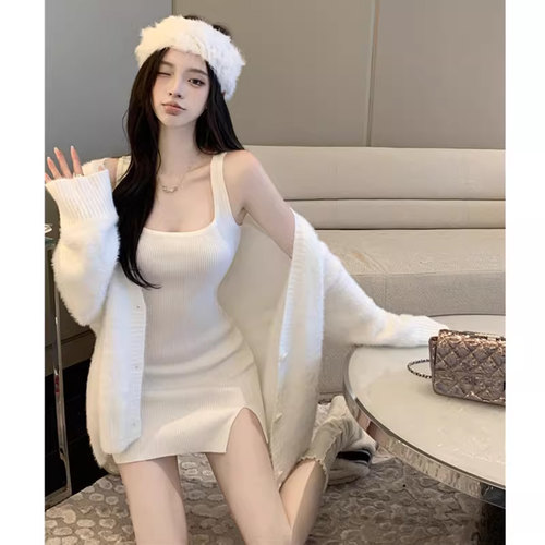白色针织吊带裙毛衣外套套装女
