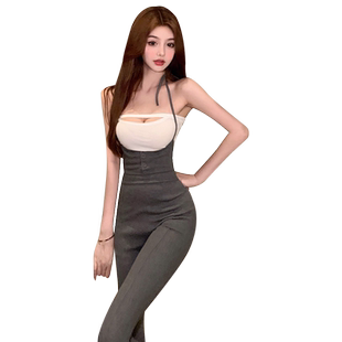 性感时尚套装抹胸上衣高腰微喇休闲长裤子挂脖连体背带裤两件套女