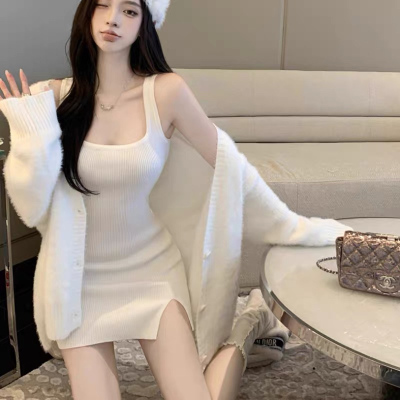 修身白色针织吊带连衣裙背心裙女
