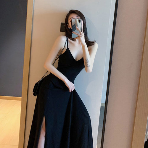 美背黑色掐腰V领开叉吊带长裙女