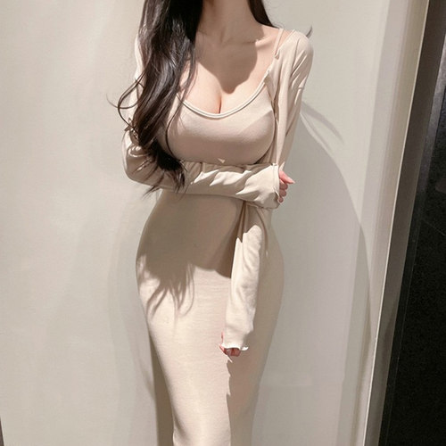 纯欲风中长款吊带连衣裙两件套