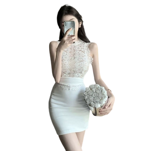 高级感纯欲白色蕾丝收腰气质裙子性感辣妹无袖修身包臀连衣裙女夏