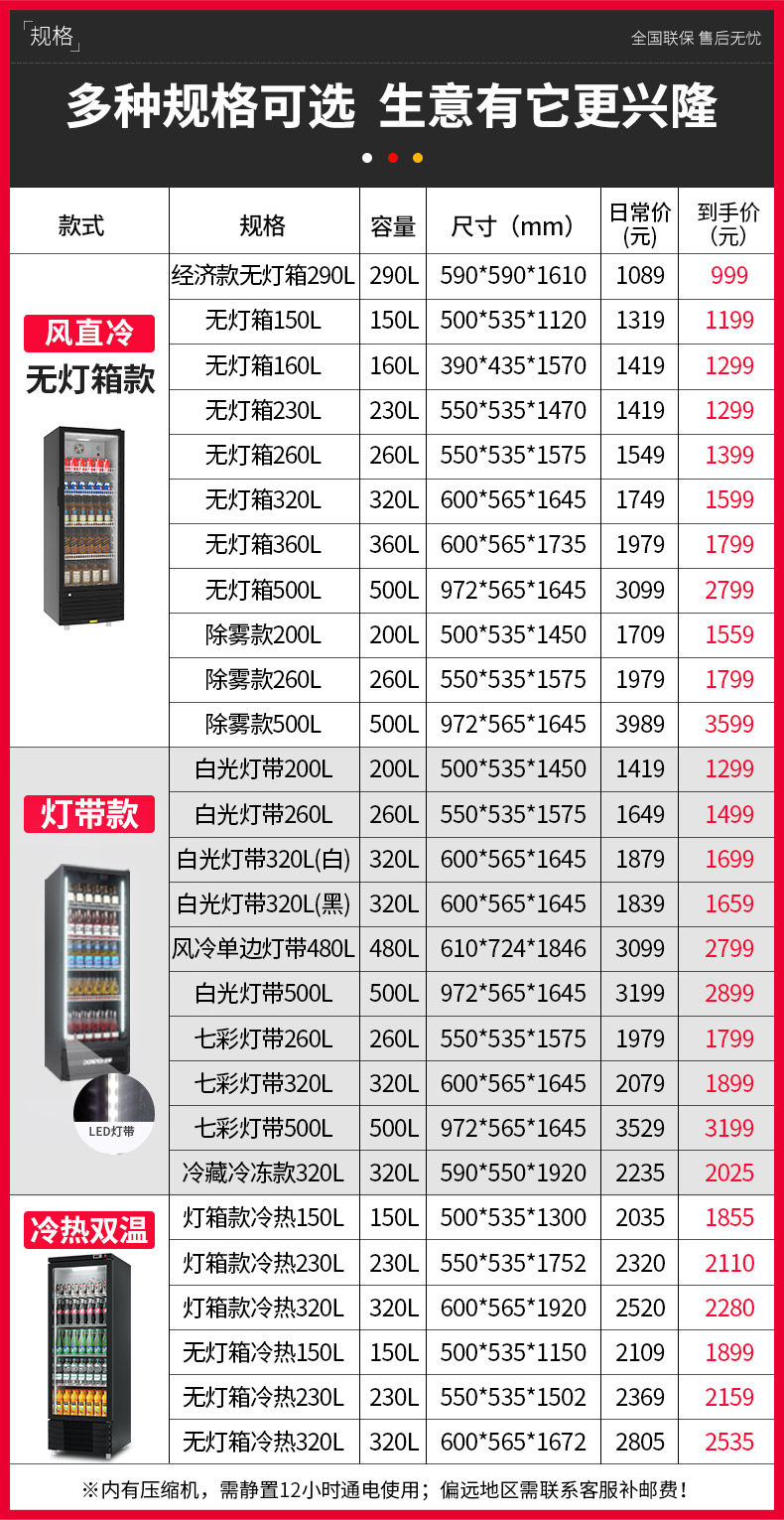 东贝无灯箱饮料柜 展示柜冷藏保鲜柜 商用立式冰柜超市冰箱啤酒柜