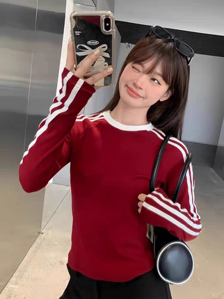韩版辣妹修身T恤女2025春秋新款纯棉小个子短款条纹显瘦长袖上衣