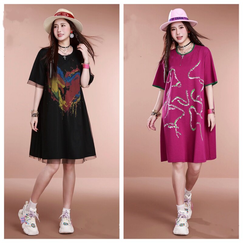 石头鱼大码女夏装圆领短袖连衣裙